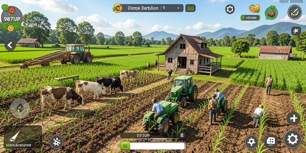 Screenshot gameplay 987UP menampilkan kebun yang subur dan hewan ternak.