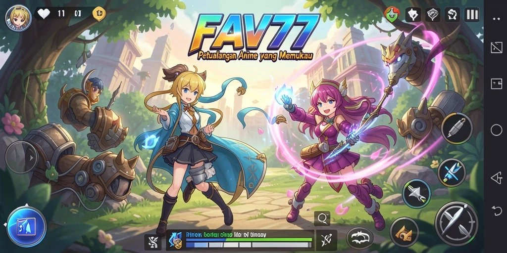 Screenshot gameplay FAV77 menampilkan aksi karakter anime yang dinamis.