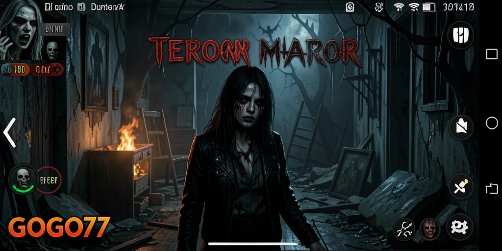 Screenshot GOGO77 menunjukkan gameplay mencekam dalam suasana horor yang intens.