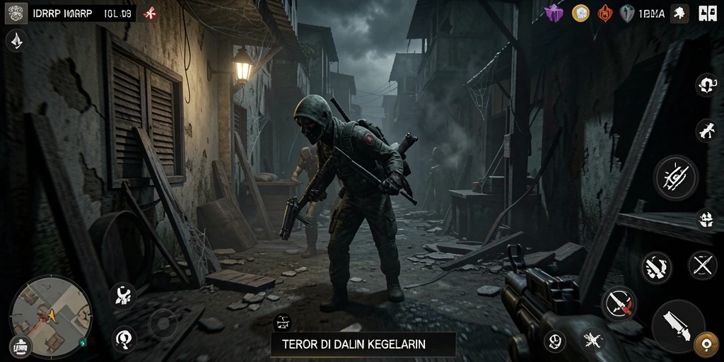 Tangkapan layar gameplay menakutkan dengan suasana gelap dan misterius.
