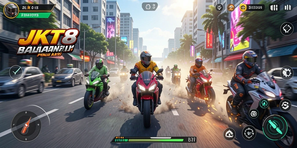Gambaran gameplay balapan motor yang mendebarkan di JKT8.