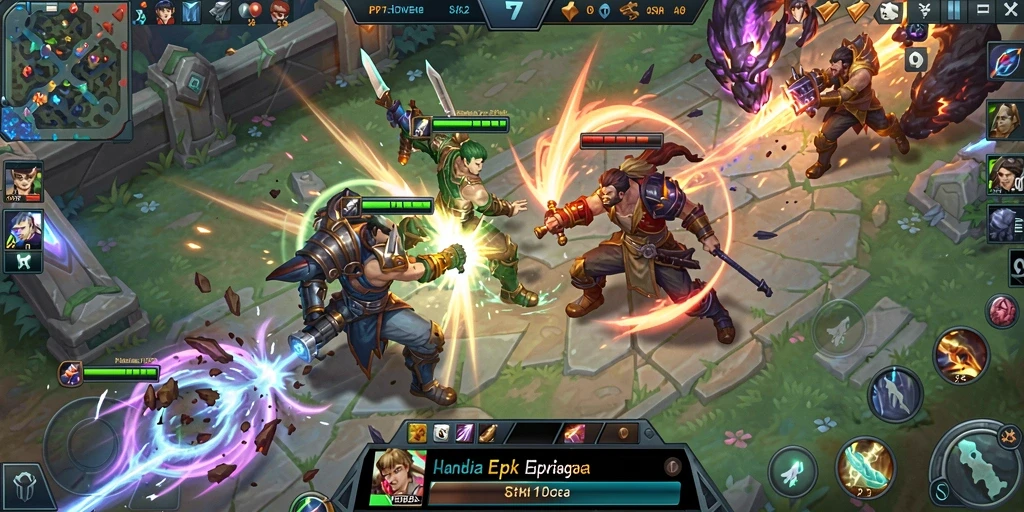 Screenshot gameplay PP7 dengan pertarungan seru antar karakter MOBA.
