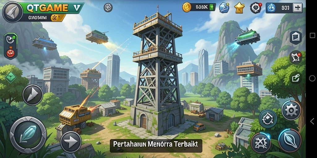 Screenshot menunjukkan aksi menegangkan dalam gameplay Tower Defense.