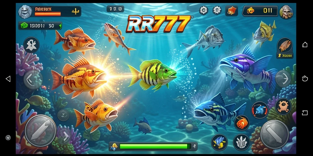 Screenshot gameplay RR777 saat menangkap ikan berwarna-warni.