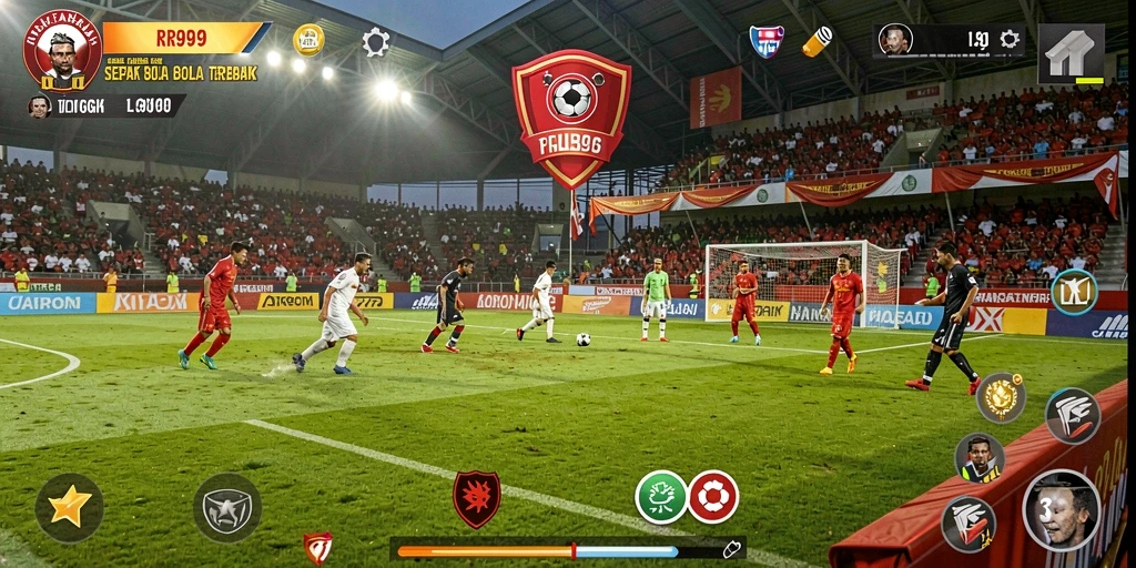 Tampilan gameplay RR999 dengan aksi seru di lapangan sepak bola.