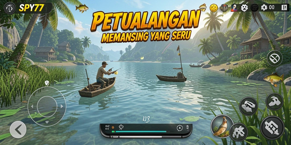 Screenshot SPY77 menampilkan aksi menangkap ikan di laut yang cerah.
