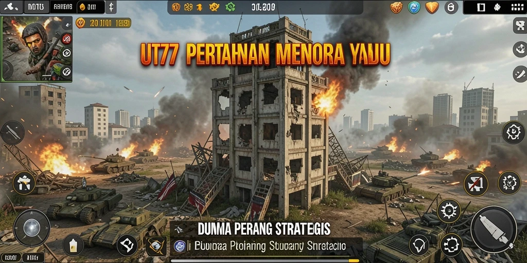 Screenshot utama UT77 menampilkan aksi epik pertahanan menara.