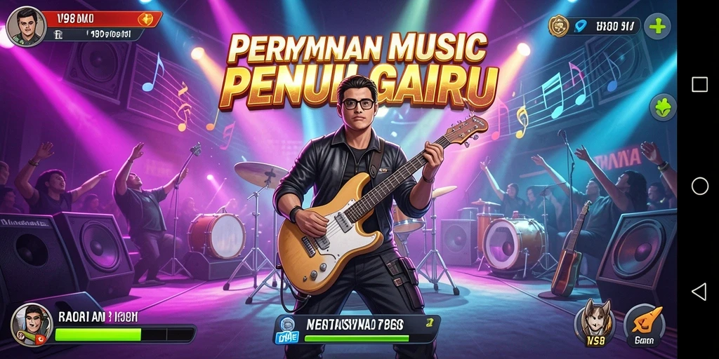 Tangkapan layar utama V98 menampilkan gameplay yang dinamis dan penuh musik.